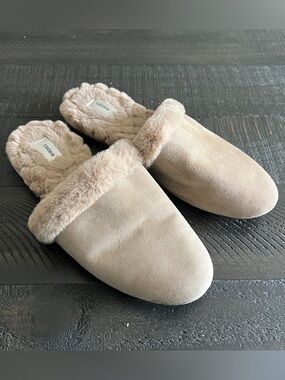 BIRDIES The Songbird Fluffy Slip In Faux Fur Mule Leather Suede Tan Size 8